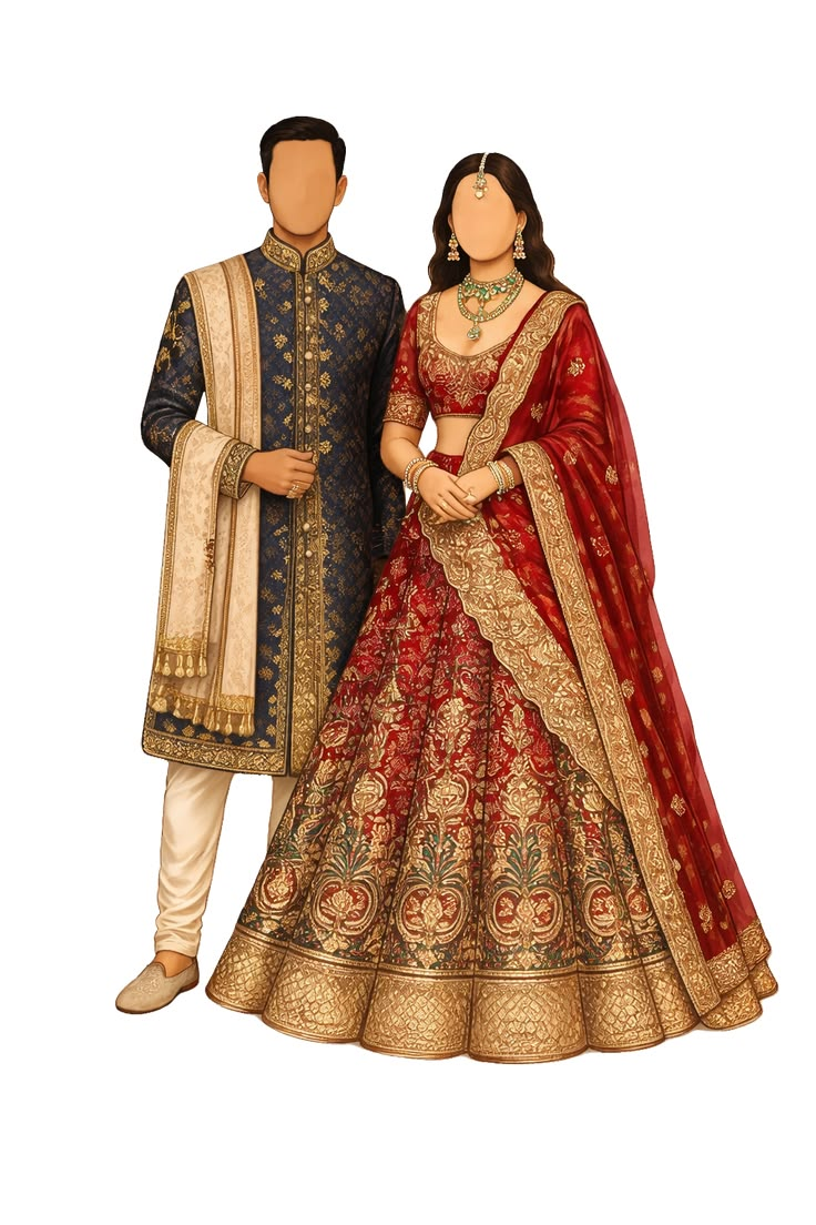 Bride and groom in burgundy and gold wedding attire